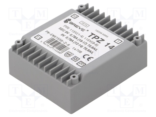 Transformer: mains; 14VA; 115VAC; 9V; 9V; Mounting: PCB; IP00
