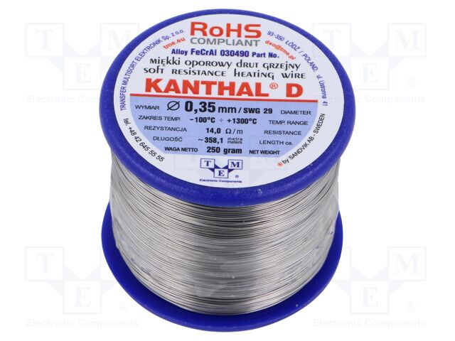 Resistance wire; 14Ω/m; -100÷1300°C; 0.25kg; Øout: 0.35mm; FeCrAl