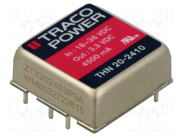 Converter: DC/DC; 20W; Uin: 18÷36V; 3.3VDC; Iout: 4500mA; 1"x1"; 15g