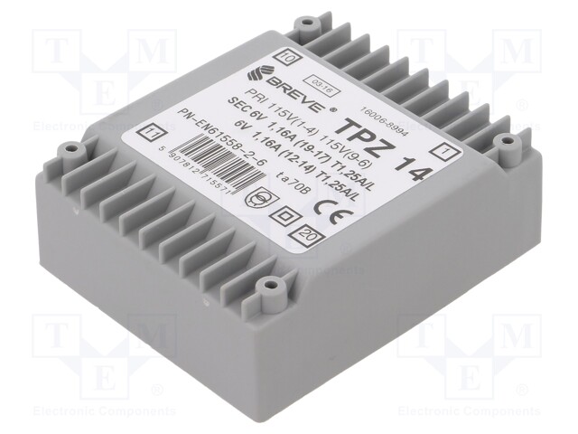 Transformer: mains; 14VA; 115VAC; 6V; 6V; Mounting: PCB; IP00