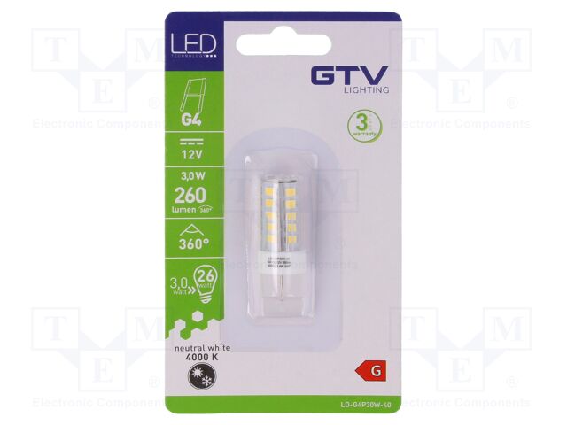 LED lamp; neutral white; G4; 12VDC; 260lm; 3W; 360°; 4000K