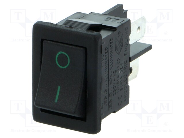 ROCKER; SPST; Pos: 2; OFF-ON; 10A/250VAC; 10A/28VDC; black-green