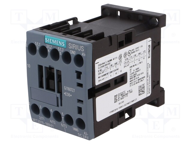 Contactor: 3-pole; NO x3; Auxiliary contacts: NO; 24VDC; 17A; 3RT20
