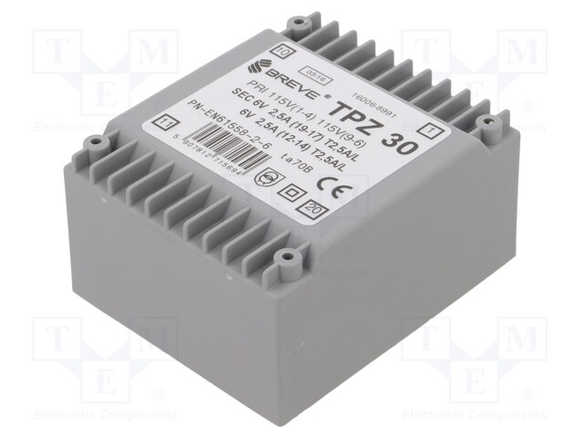 Transformer: mains; 30VA; 115VAC; 6V; 6V; Mounting: PCB; IP00