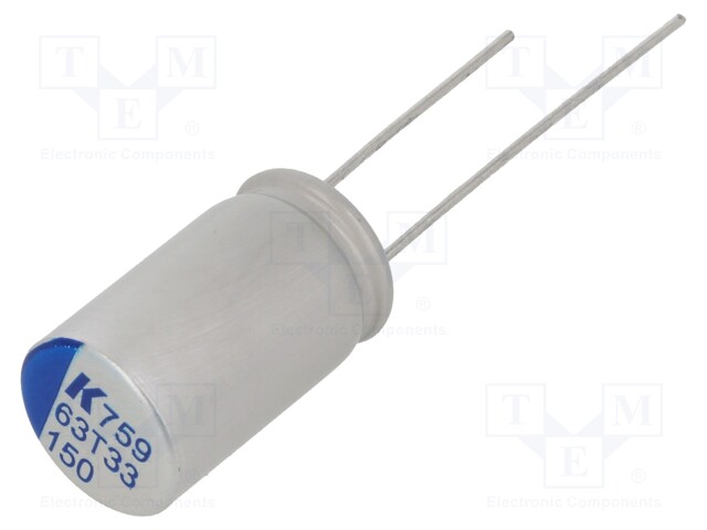 Polymer Aluminium Electrolytic Capacitor, 150 µF, 63 V, Radial Leaded, A759 Series, 0.048 ohm