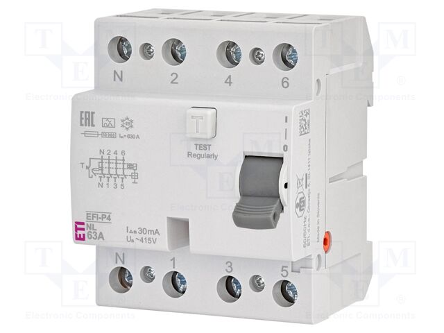RCD breaker; Inom: 63A; Ires: 30mA; Poles: 4; 400V,415V; IP20; EFI