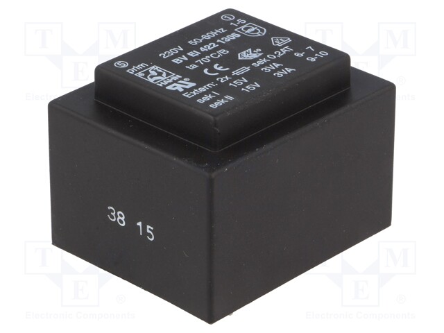 Transformer: encapsulated; 6VA; 230VAC; 15V; 15V; 200mA; 200mA; 200g