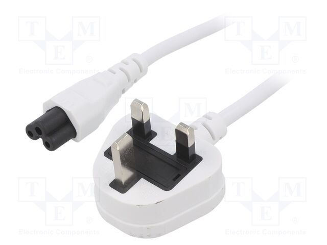 Cable; BS 1363 (G) plug,IEC C5 female; PVC; 1.8m; white; 3A; 250V