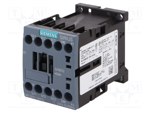 Contactor: 3-pole; NO x3; Auxiliary contacts: NC; 230VAC; 7A; 3RT20
