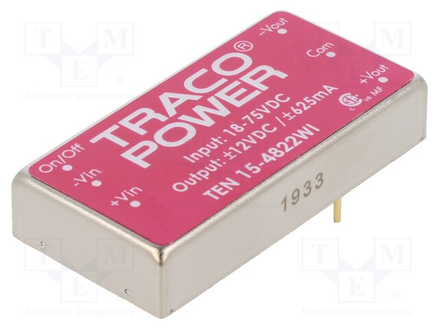 Converter: DC/DC; 15W; Uin: 18÷75V; Uout: 12VDC; Uout2: -12VDC; 2"x1"