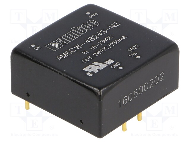 Converter: DC/DC; 6W; Uin: 18÷75V; 24VDC; Iout: 250mA; 1"x1"; 14g
