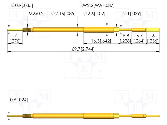 Test needle; Spring compression: 5mm; 5.5mm; 8A; steel; Ø: 1.9mm