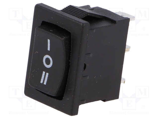 ROCKER; SP3T; Pos: 3; (ON)-OFF-(ON); 3A/250VAC; black; none; 35mΩ