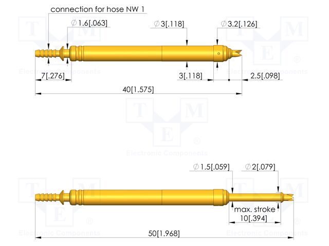 Test needle; Spring compression: 6mm; 10mm; 10A; steel; Ø: 1.3mm