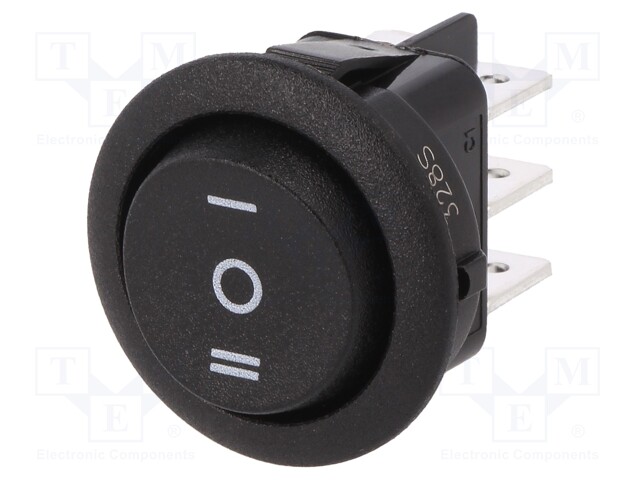 ROCKER; DP3T; Pos: 3; ON-OFF-ON; 10A/250VAC; black; none; 20mΩ; Ø20mm