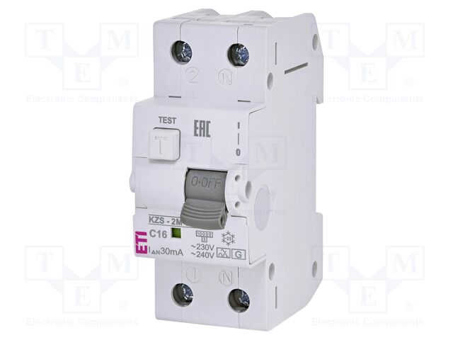 RCBO breaker; Inom: 16A; Ires: 30mA; Poles: 2; 230VAC; IP20; 1÷25mm2