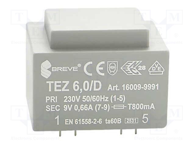 Transformer: encapsulated; 6VA; 230VAC; 9V; 666.6mA; Mounting: PCB