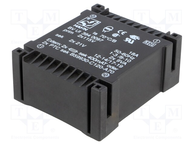 Transformer: encapsulated; 18VA; 115/115VAC; 21V; 21V; 428mA; 428mA