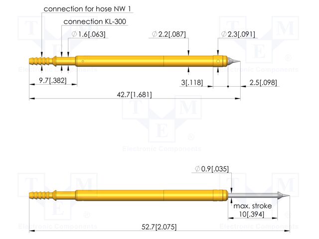 Test needle; Spring compression: 6mm; 10mm; 2A; steel; Ø: 1.5mm