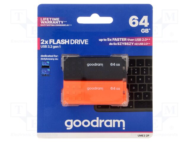 Pendrive; USB 3.2; 64GB; R: 60MB/s; W: 20MB/s; black,orange; USB A