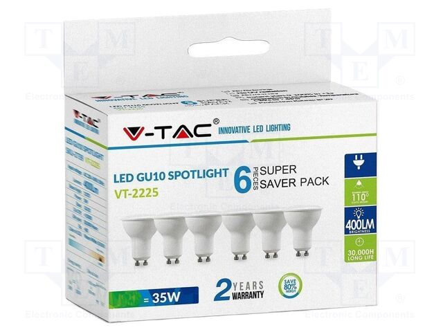 LED lamp; white warm; GU10; 220÷240VAC; 400lm; P: 4.5W; 110°; 3000K