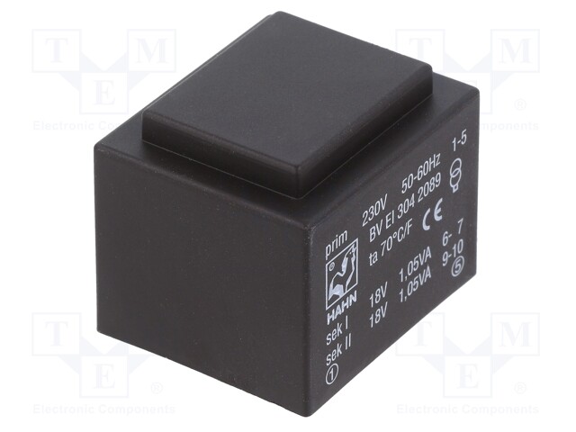 Transformer: encapsulated; 2.1VA; 230VAC; 18V; 18V; 58mA; 58mA; 99g