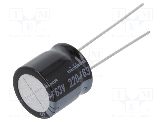 Capacitor: electrolytic; THT; 220uF; 63VDC; Ø12.5x12.5mm; ±20%
