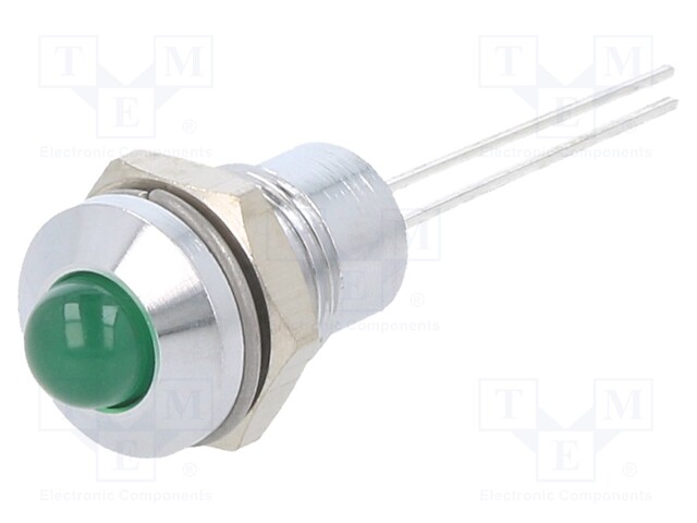 Indicator: LED; prominent; green; 2.2VDC; Ø8mm; 2pin; metal