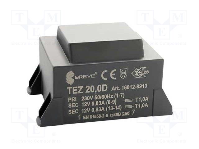 Transformer: encapsulated; 20VA; 230VAC; 12V; 12V; 833.3mA; 833.3mA