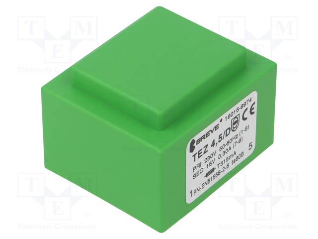 Transformer: encapsulated; 4.5VA; 230VAC; 15V; 300mA; Mounting: PCB