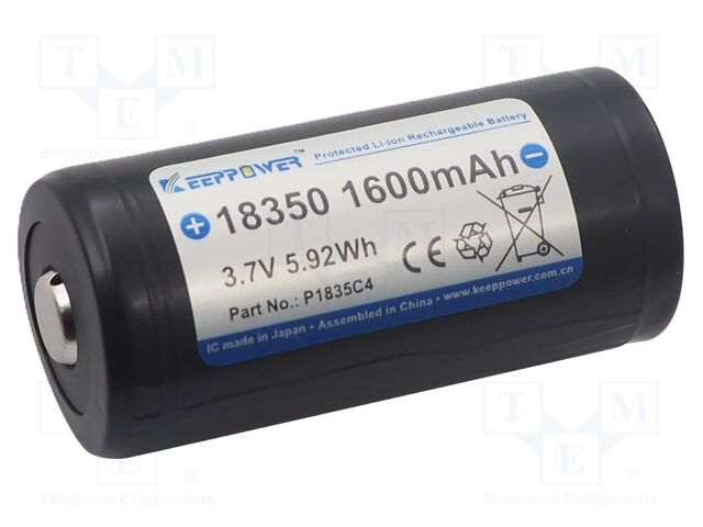 Re-battery: Li-Ion; 18350; 3.7V; 1600mAh; Ø18.7x39.2mm; 3.2A