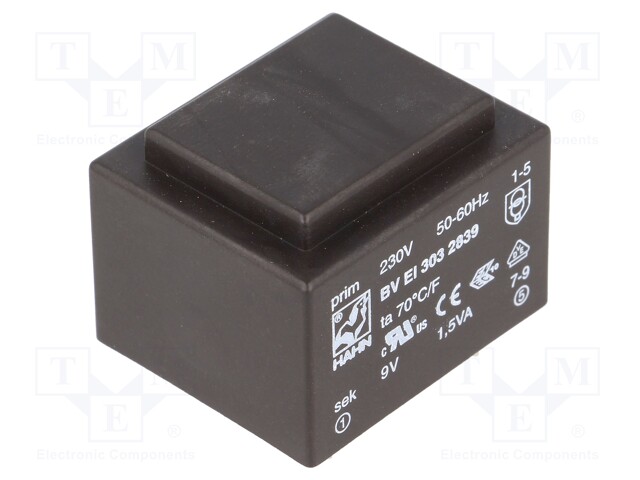 Transformer: encapsulated; 1.5VA; 230VAC; 9V; 167mA; Mounting: PCB