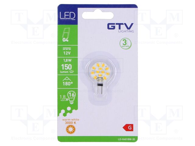 LED lamp; warm white; G4; 12VDC; 150lm; 1.8W; 180°; 3000K