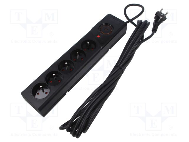 Plug socket strip: protective; Sockets: 5; 250VAC; 10A; black; 5m