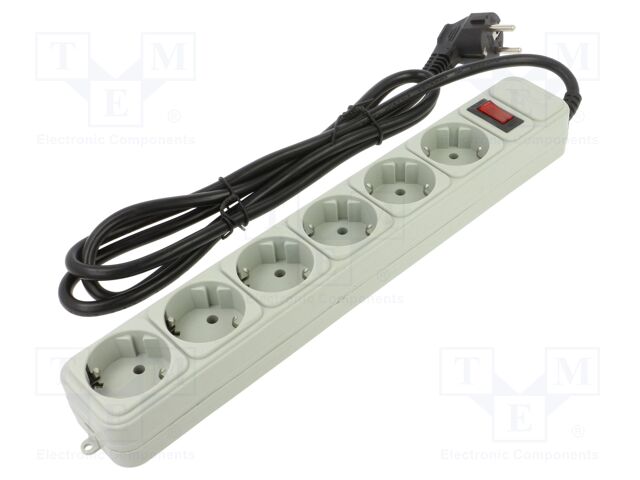 Plug socket strip: protective; Sockets: 6; 250VAC; 16A; grey; 1.8m