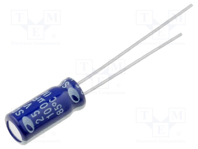 Capacitor: electrolytic; THT; 100uF; 25VDC; Ø5x11mm; Pitch: 2mm