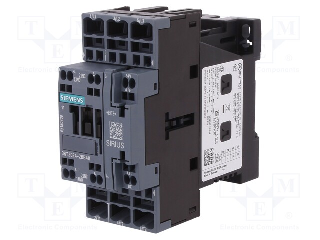 Contactor: 3-pole; NO x3; Auxiliary contacts: NO + NC; 24VDC; 12A
