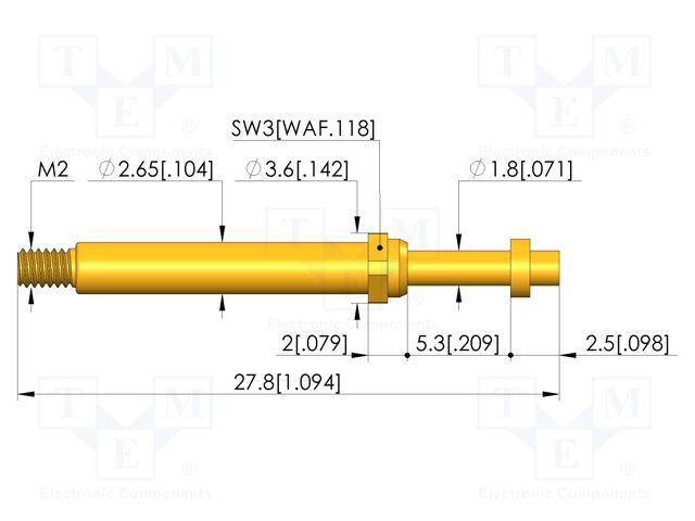 Test needle; Spring compression: 4mm; 5mm; 8A; CuBe; gold-plated