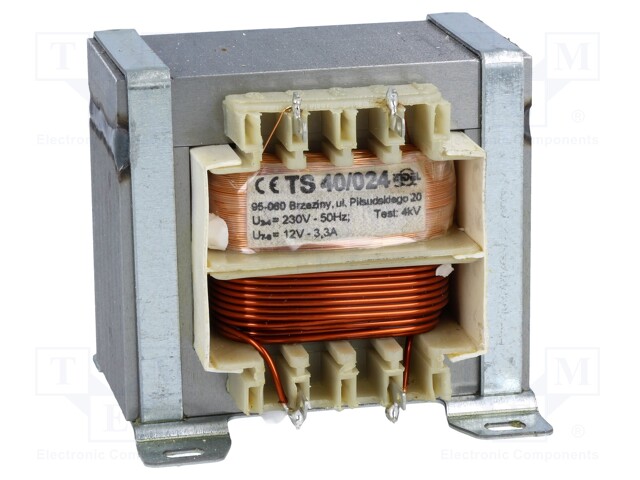 Transformer: mains; 40VA; 230VAC; 12V; 3.3A; Leads: solder lugs