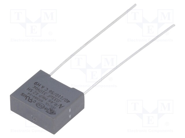 Capacitor: polypropylene; X2; 33nF; 10mm; ±20%; 13x5x11mm; 310VAC
