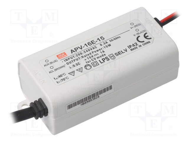 Power supply: switched-mode; LED; 15W; 15VDC; 1A; 180÷264VAC; IP42