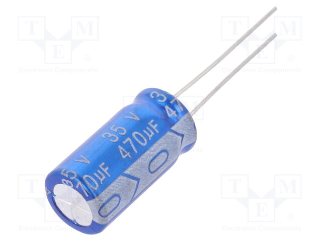 Capacitor: electrolytic; THT; 470uF; 35VDC; Ø10x20mm; Pitch: 5mm