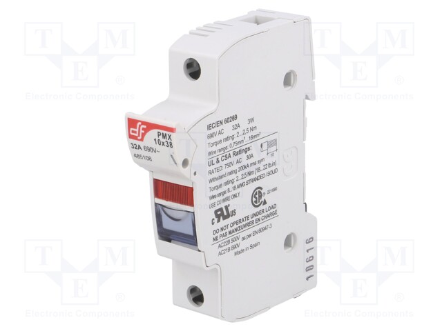 Fuse holder; cylindrical fuses; 10,3x38mm; Mounting: DIN; 32A