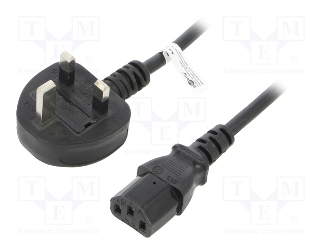 Cable; BS 1363 (G) plug 90°,IEC C14 male; PVC; 1.8m; black; 5A