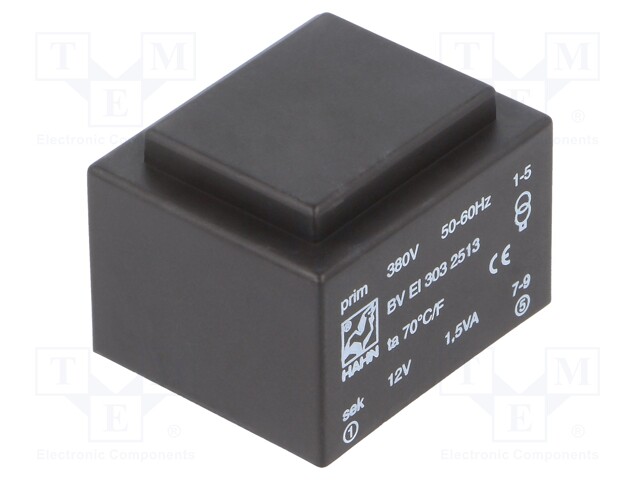 Transformer: encapsulated; 1.5VA; 380VAC; 12V; 125mA; Mounting: PCB