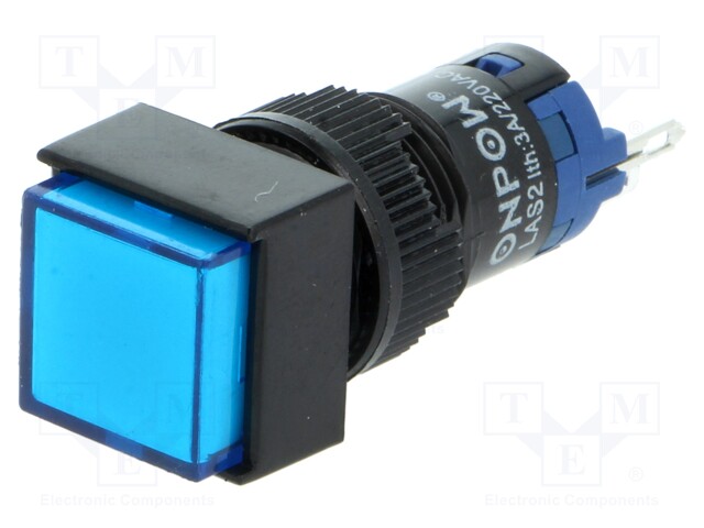Switch: push-button; Pos: 2; SPDT; 0.5A/250VAC; 1A/24VDC; blue; blue