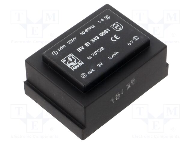 Transformer: encapsulated; 2.4VA; 230VAC; 9V; 267mA; Mounting: PCB