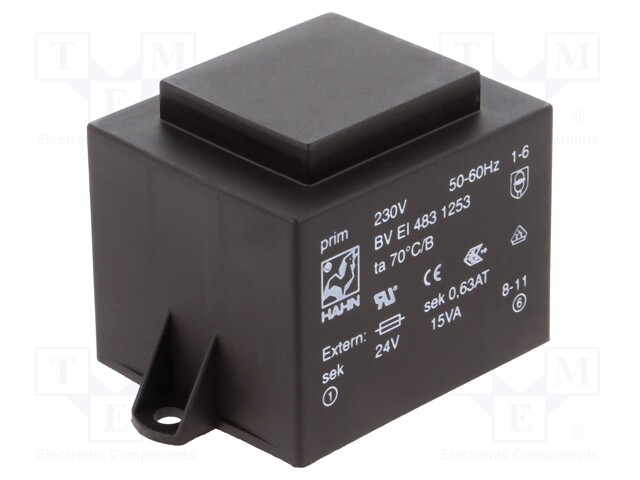 Transformer: encapsulated; 15VA; 230VAC; 24V; 625mA; Mounting: PCB