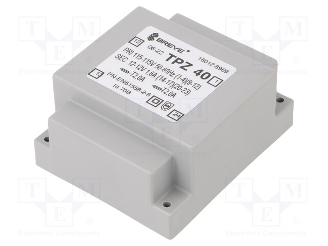 Transformer: mains; 40VA; 115/230VAC; 12V; 12V; Mounting: PCB; IP00