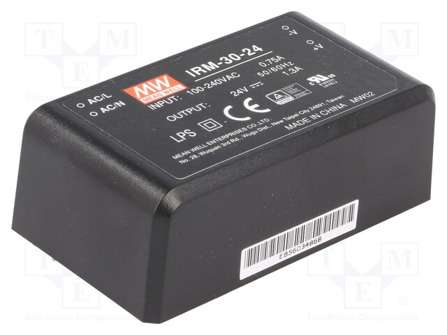 Power supply: switched-mode; modular; 31.2W; 24VDC; 69.5x39x24mm